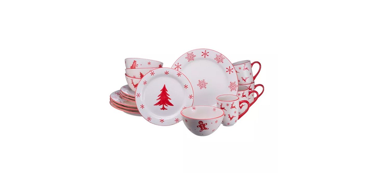 White plates and bowls with red snowflake, snowman and Christmas tree designs