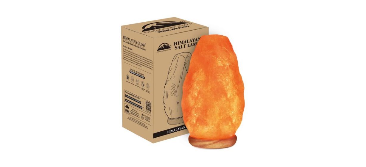 Himalayan Glow Salt Lamp, orange, next to box