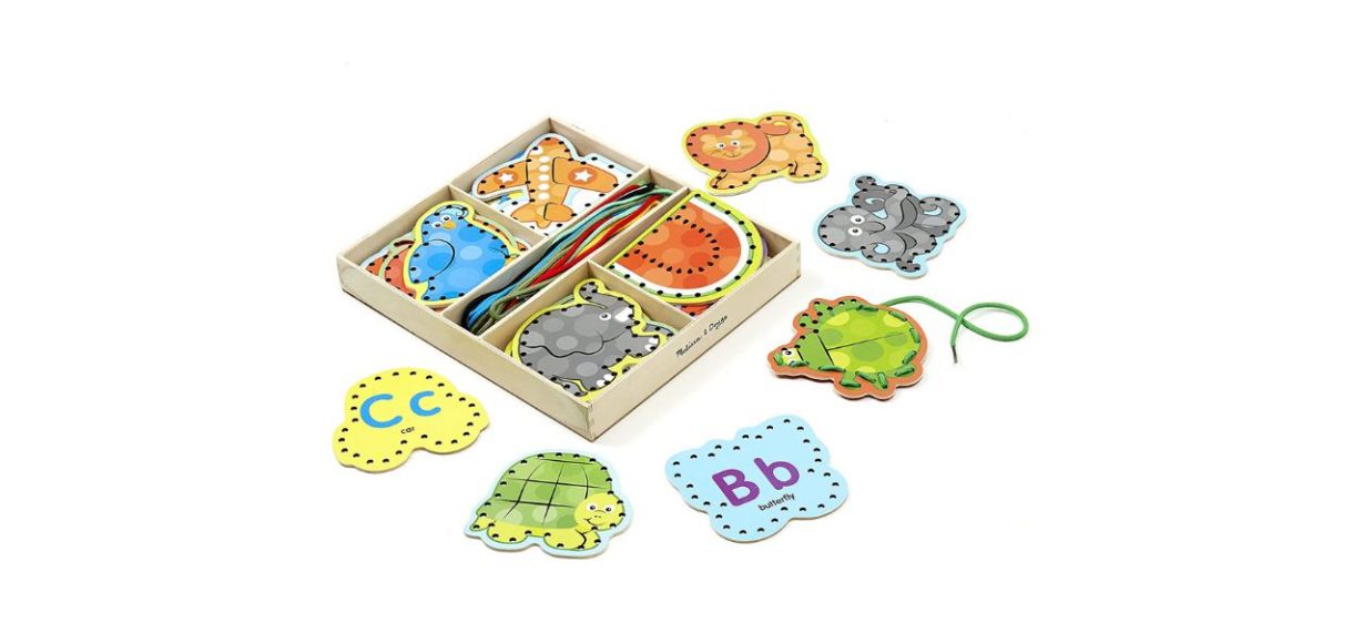 Melissa And Doug Wooden Alphabet Lacing Cards on white background; images of animals