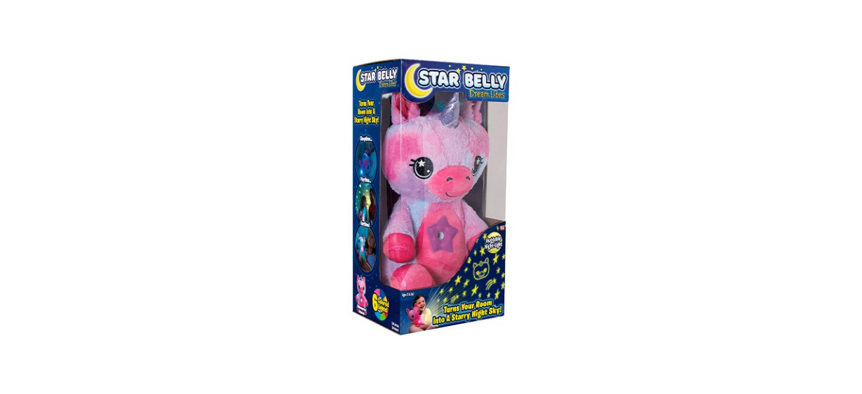 A pink unicorn stuffed animal that doubles as a night light