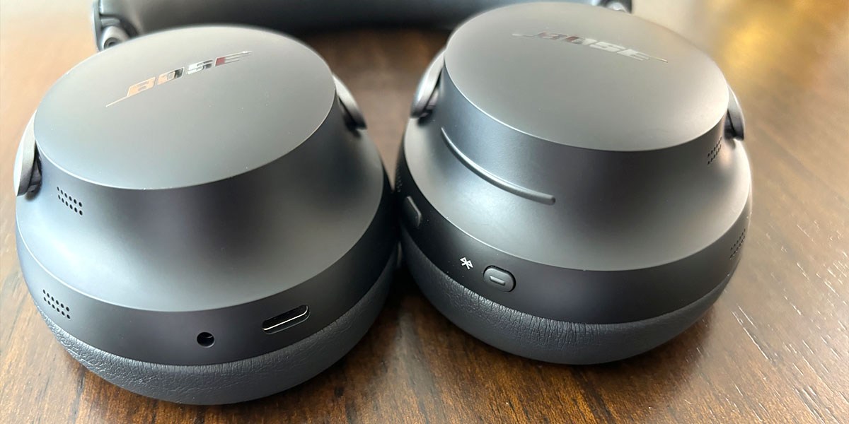 Closeup image Bose QuietComfort Ultra Headphones earcups on table
