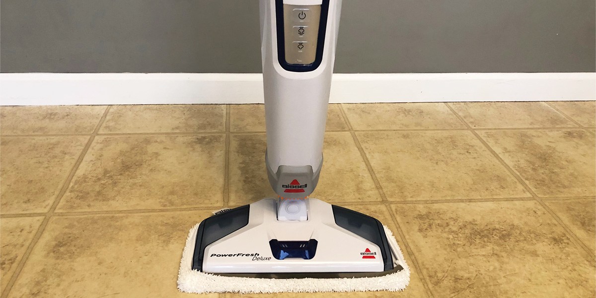 Closeup image of Bissell PowerFresh Deluxe 1806 Steam Mop on hard flooring Closeup image of Bissell PowerFresh Deluxe 1806 Steam Mop on hard flooring