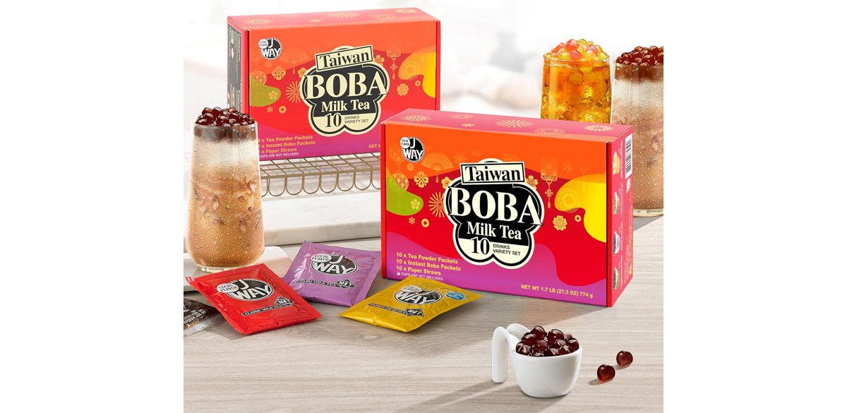 J WAY Instant Boba Bubble Pearl Variety Milk Fruity Tea Kit with Authentic Brown Sugar Caramel Tapioca Boba