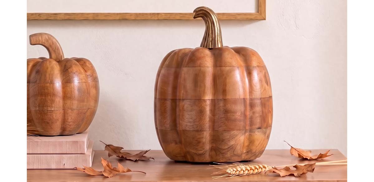 Wooden Pumpkin with Metal Stem