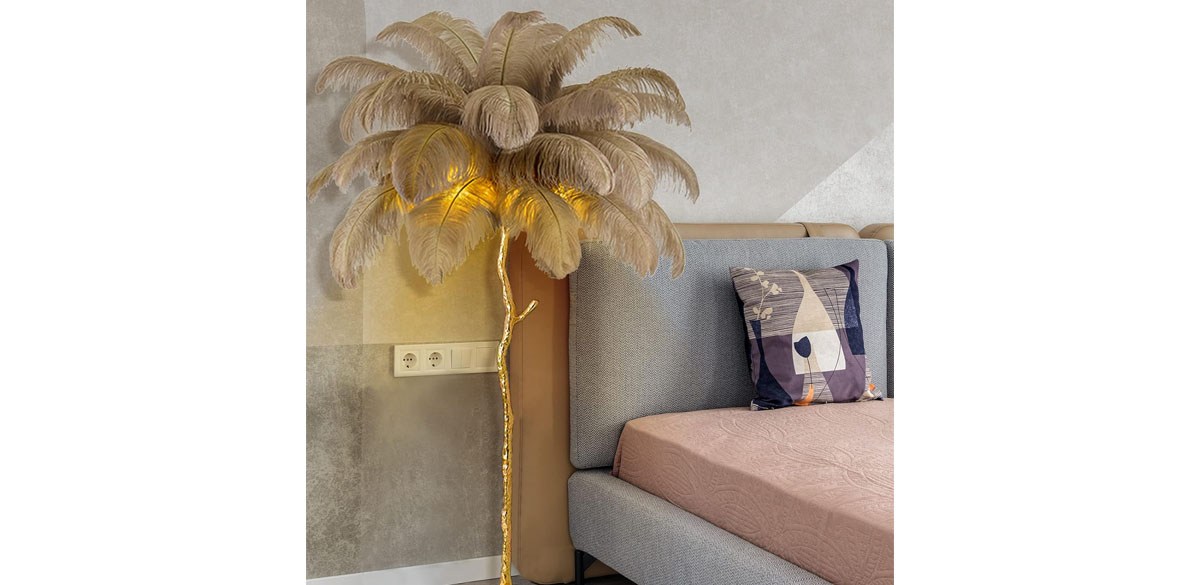 Brown Natural Ostrich Feather Floor Lamp