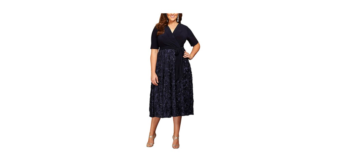 Best Alex Evenings Plus Size Tea Length Dress with Rosette Detail