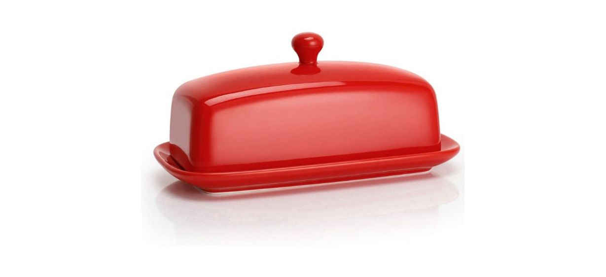  red Sweese butter dish with lid on white background