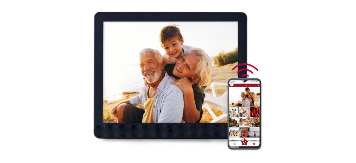Pix-Star 10-Inch Wi-Fi Cloud Digital Picture Frame with image of smartphone next to it