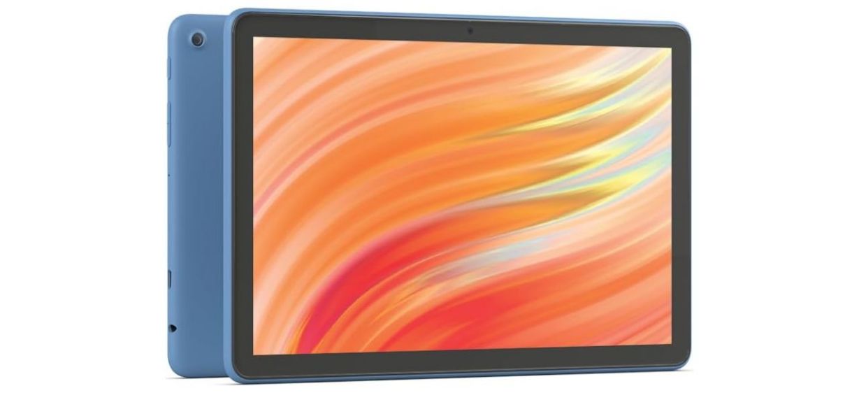 Amazon Fire HD 10 Tablet on white background with light blue back