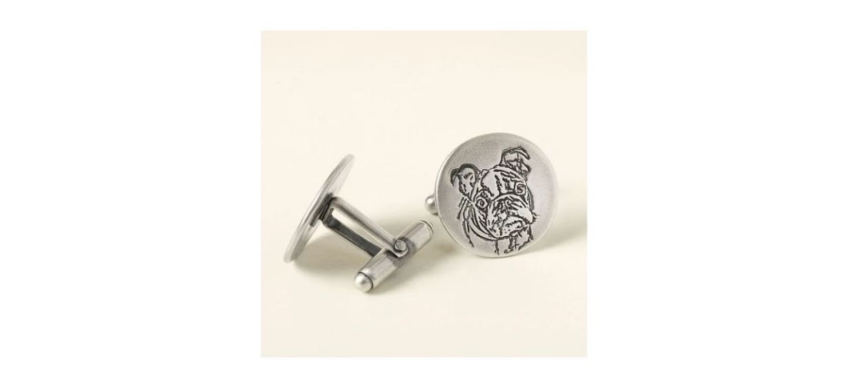 Erin Harris Custom Pet Portrait Cufflinks on beige background