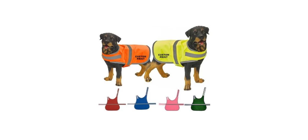 dogs wearing TrendyCraftsShop Custom Printed Dog Coat Vest in different colors