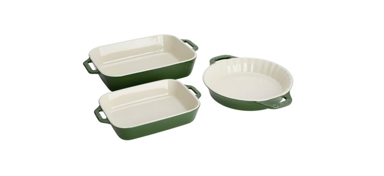 STAUB Ceramic 3 Pc. Set (Pie &amp; 2Pc Rect Dish), green exterior with white interior