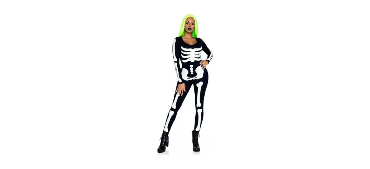 woman in neon green wig and black bodysuit with skeleton bones printed on it
