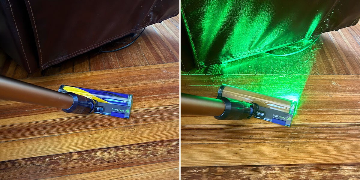 Split image of Dyson cordless vacuum, one side has green light.