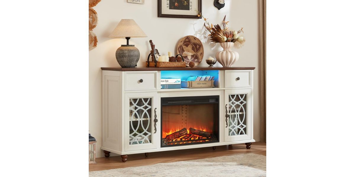  Joaxswe Farmhouse White Fireplace TV Stand
