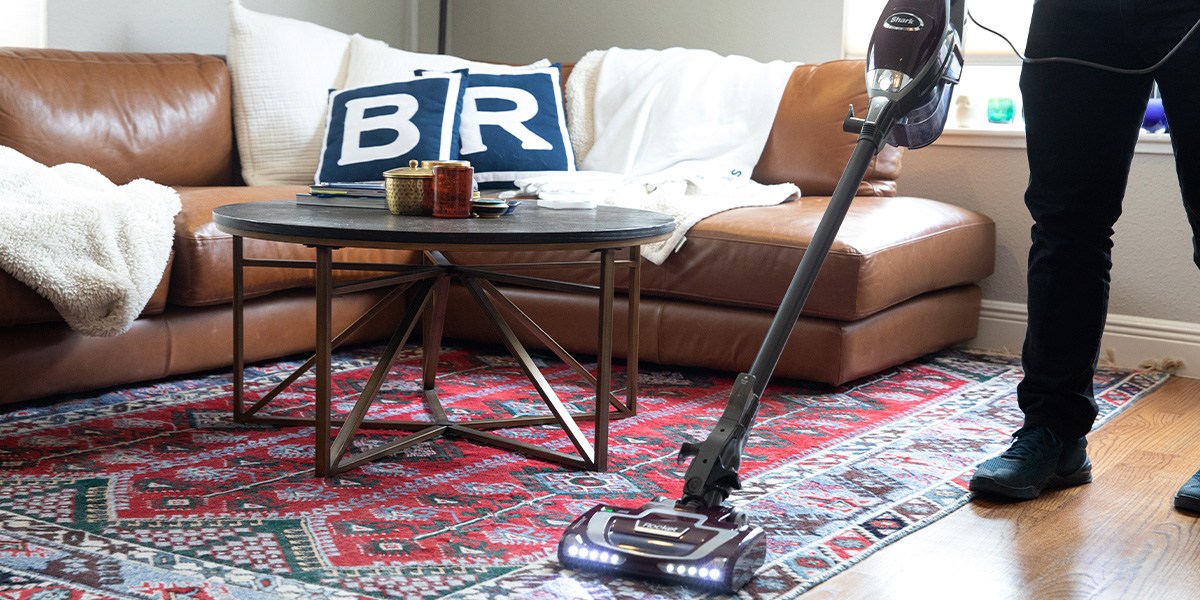 Person vacuuming area rug with the HV322 Rocket Pet Vacuum