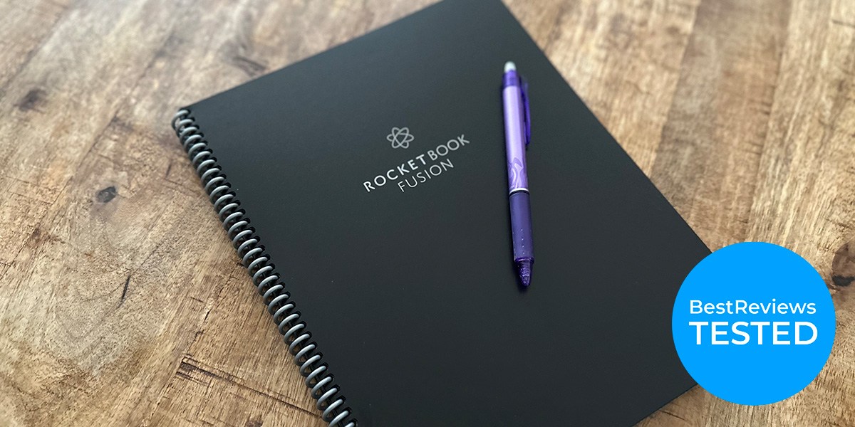 black Rocketbook Fusion Smart Notebook with a pen on it