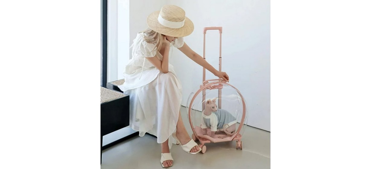 Woman sitting next to cat in VETRESKA Pet Carrier