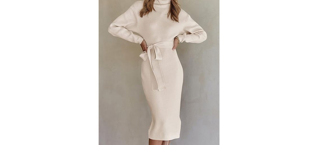 Person wearing ivory ZESICA Women's Turtleneck Sweater Midi Dress