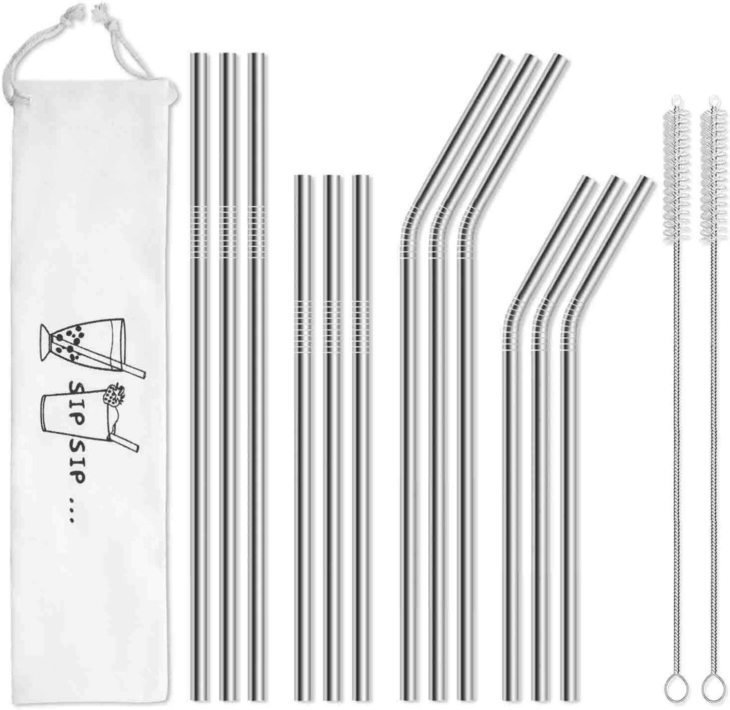 Hiware 12-Pack Reusable Stainless Steel Metal Straws