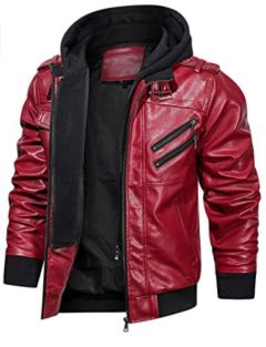 Hood Crew Men’s Casual Stand Collar PU Faux Leather Zip-Up Motorcycle Bomber Jacket