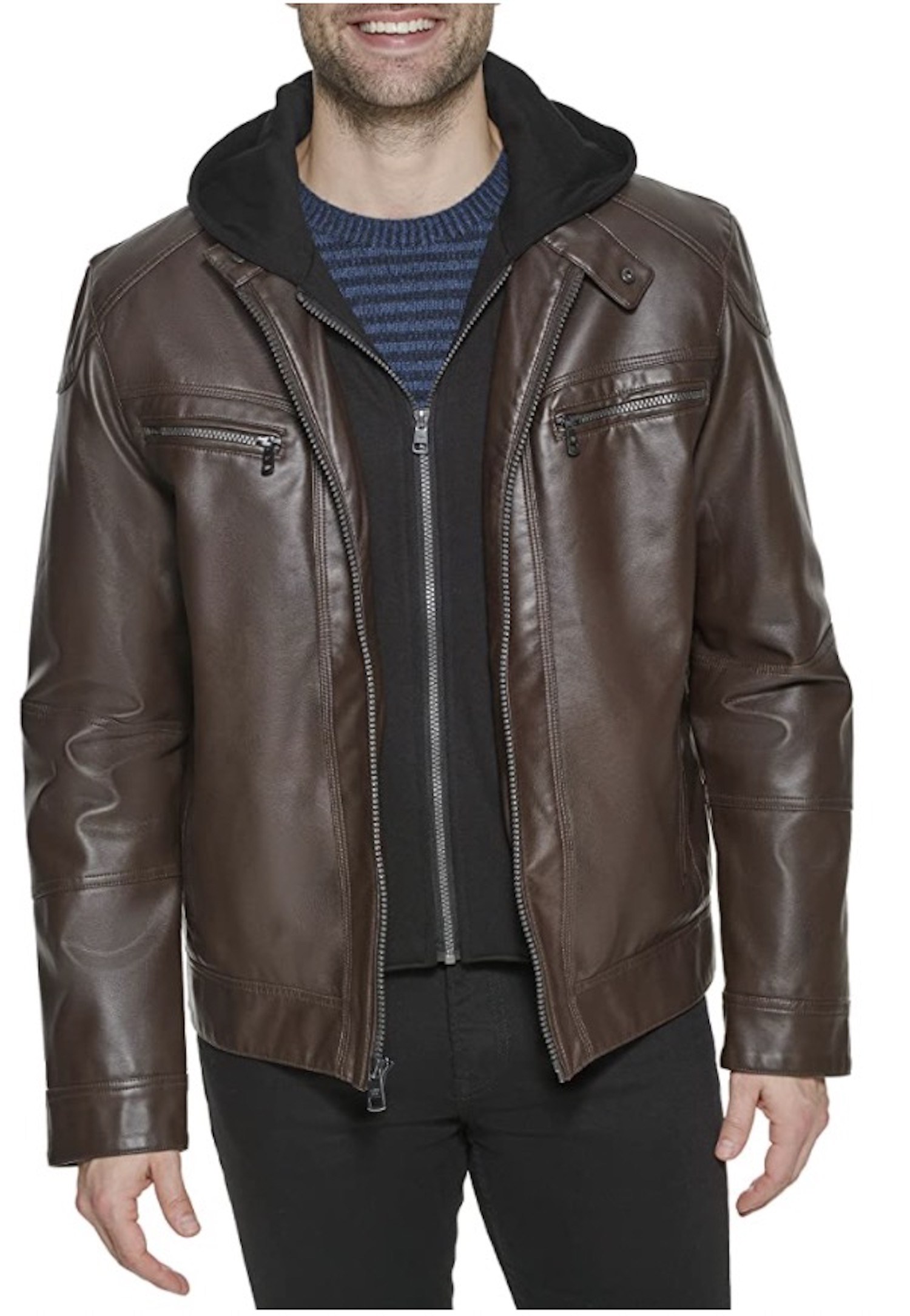 Calvin Klein Men's Faux Lamb Leather Moto Jacket with Removable Hood and Bib
